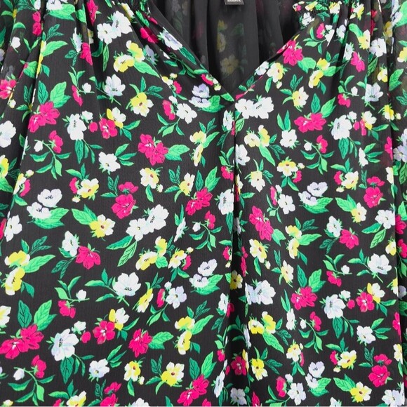 Ann Taylor Floral Balloon Sleeve Top XL Smocked Black Pink Chiffon Feminine - Picture 9 of 15